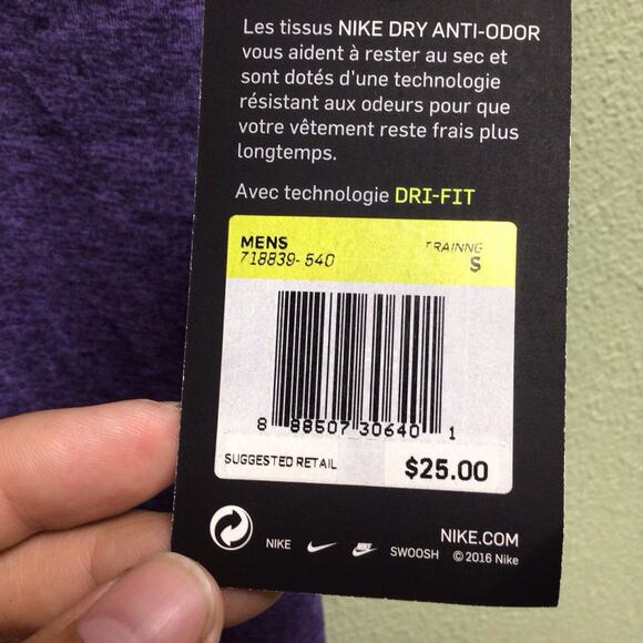 Nike Mens Dri Fit Anti Odor Training Short Sleeve V Neck Tee Purple Size Small - Picture 3 of 4